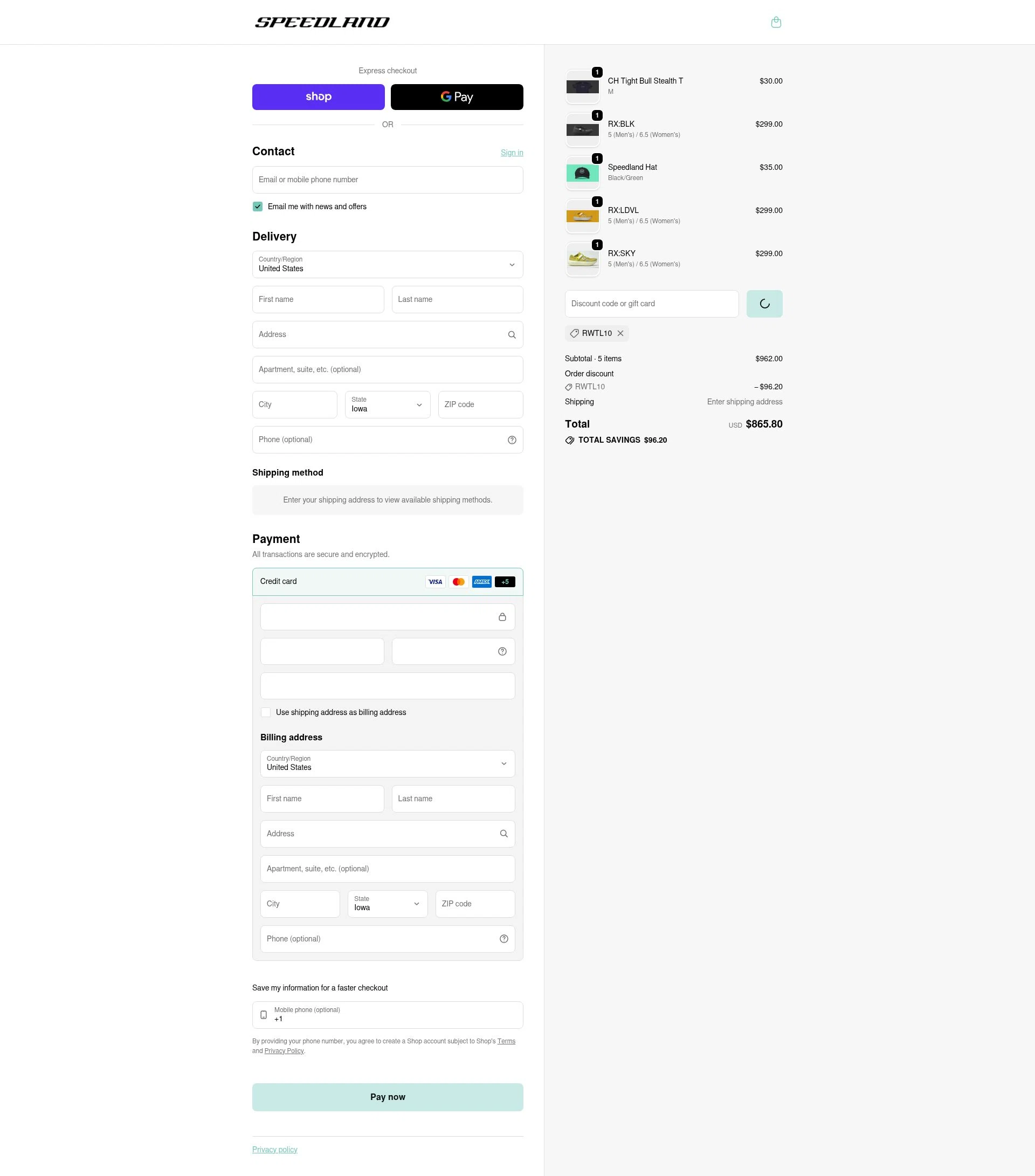 Speedland checkout page showing Speedland discount code box | Screenshot taken by SimplyCodes community member on Feb 10, 2026