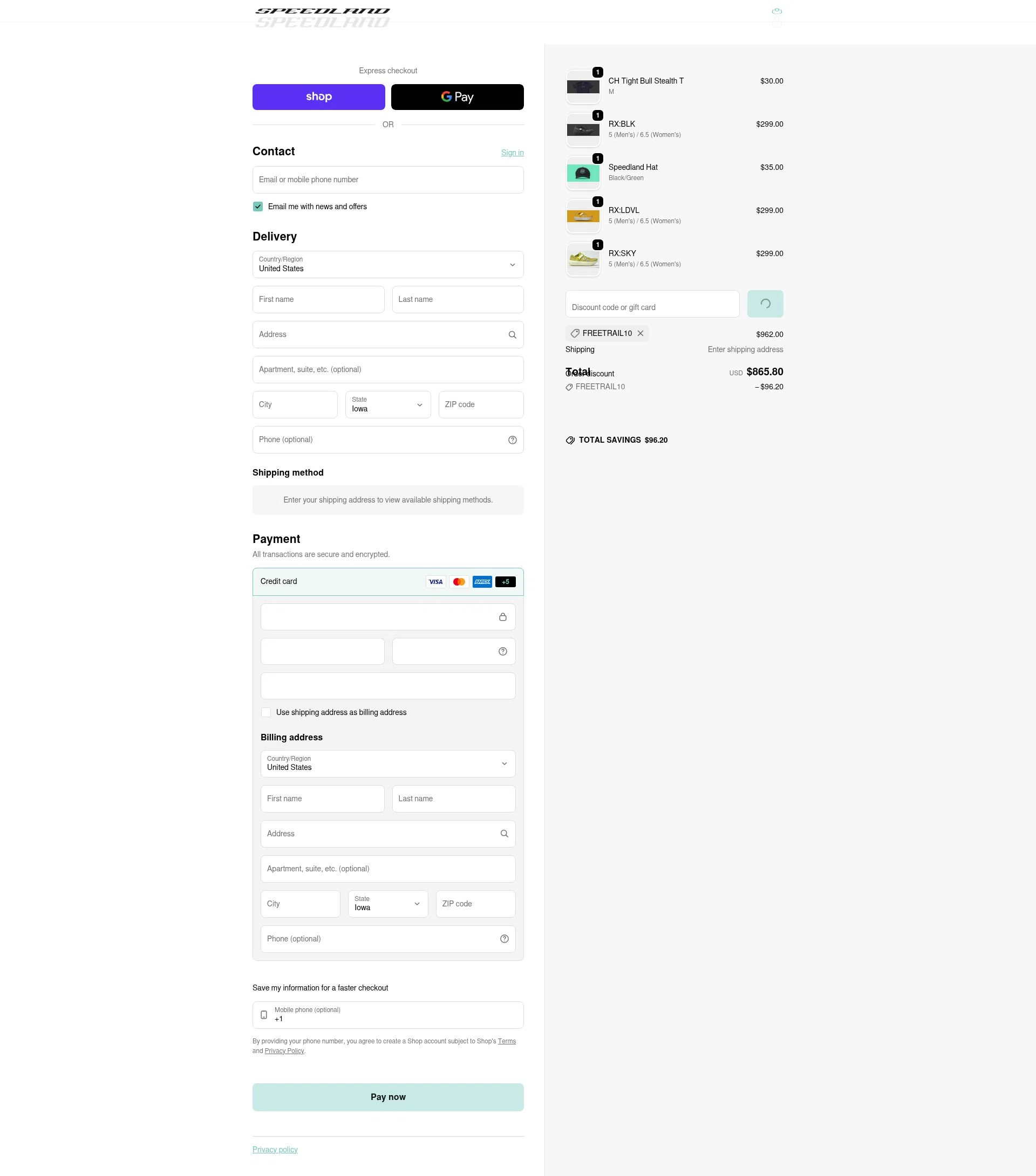 Speedland checkout page showing Speedland discount code box | Screenshot taken by SimplyCodes community member on Feb 14, 2026