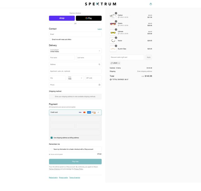 Spektrum Glasses checkout page showing Spektrum Glasses discount code box | Screenshot taken by SimplyCodes community member on Sep 8, 2025