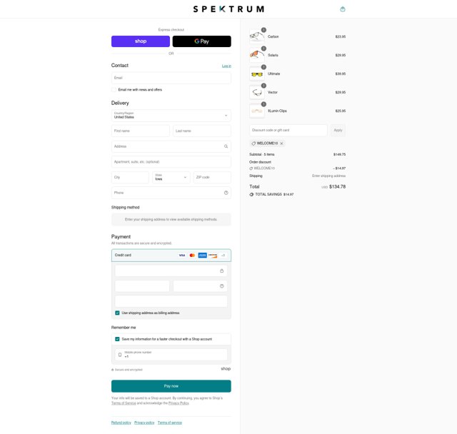 Spektrum Glasses checkout page showing Spektrum Glasses discount code box | Screenshot taken by SimplyCodes community member on Sep 4, 2025