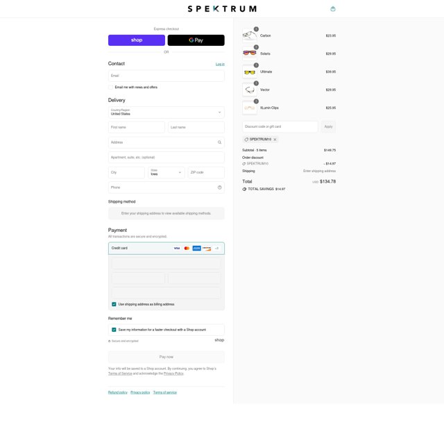 Spektrum Glasses checkout page showing Spektrum Glasses discount code box | Screenshot taken by SimplyCodes community member on Sep 8, 2025