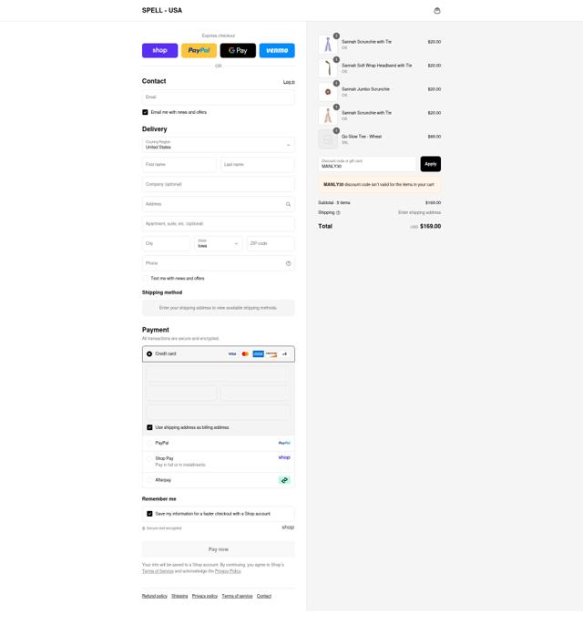 Spell USA checkout page showing Spell USA promo code box | Screenshot taken by SimplyCodes community member on Sep 4, 2025