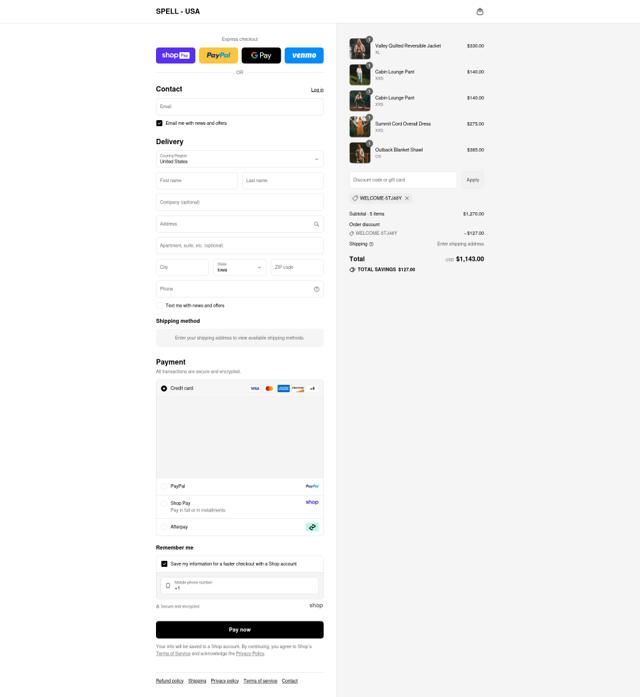 Spell USA checkout page showing Spell USA promo code box | Screenshot taken by SimplyCodes community member on Aug 17, 2025