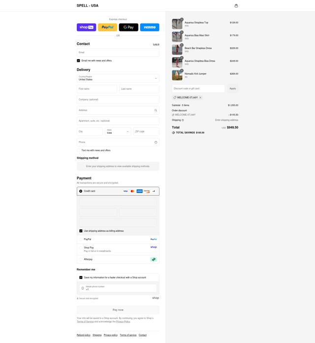 Spell USA checkout page showing Spell USA promo code box | Screenshot taken by SimplyCodes community member on Aug 22, 2025
