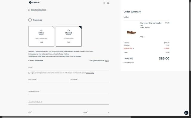 Sperry checkout page showing Sperry promo code box | Screenshot taken by SimplyCodes community member on Aug 24, 2025