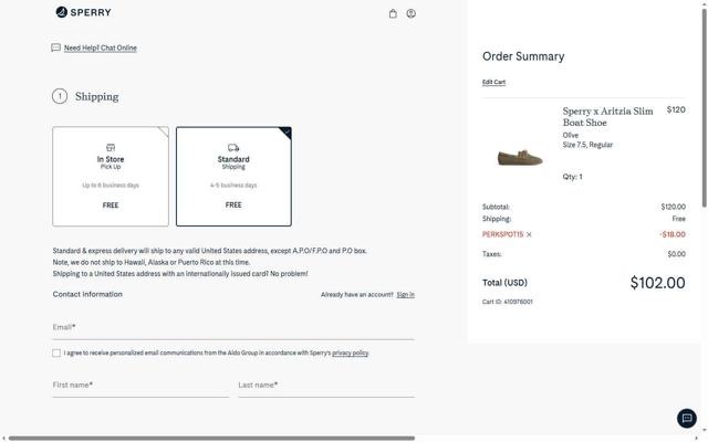 Sperry checkout page showing Sperry promo code box | Screenshot taken by SimplyCodes community member on Aug 6, 2025