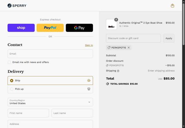 Sperry checkout page showing Sperry promo code box | Screenshot taken by SimplyCodes community member on Sep 14, 2025