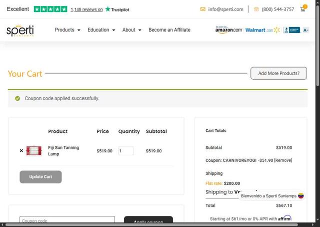 Sperti checkout page showing Sperti coupon code box | Screenshot taken by SimplyCodes community member on Sep 7, 2025