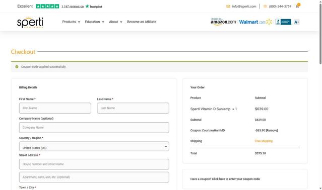 Sperti checkout page showing Sperti coupon code box | Screenshot taken by SimplyCodes community member on Aug 27, 2025