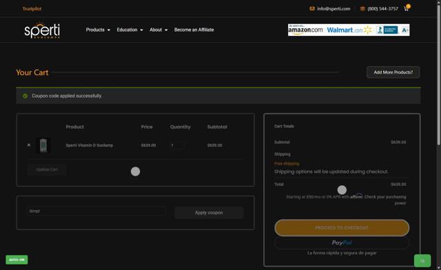 Sperti checkout page showing Sperti coupon code box | Screenshot taken by SimplyCodes community member on Aug 26, 2025