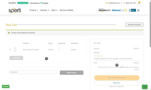 Sperti checkout page showing Sperti coupon code box | Screenshot taken by SimplyCodes community member on Sep 7, 2025