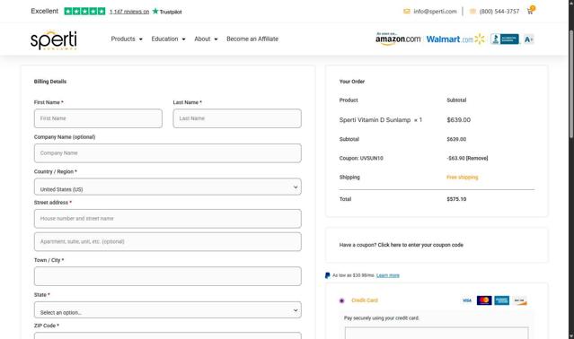 Sperti checkout page showing Sperti coupon code box | Screenshot taken by SimplyCodes community member on Aug 26, 2025