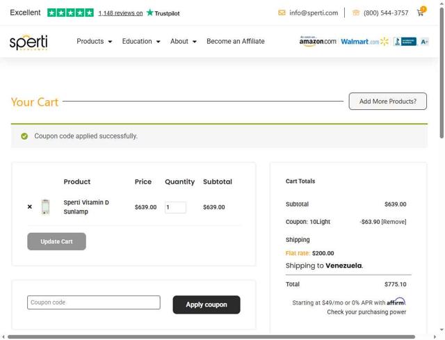 Sperti checkout page showing Sperti coupon code box | Screenshot taken by SimplyCodes community member on Sep 1, 2025