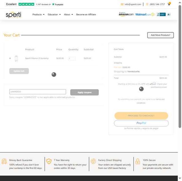 Sperti checkout page showing Sperti coupon code box | Screenshot taken by SimplyCodes community member on Aug 11, 2025