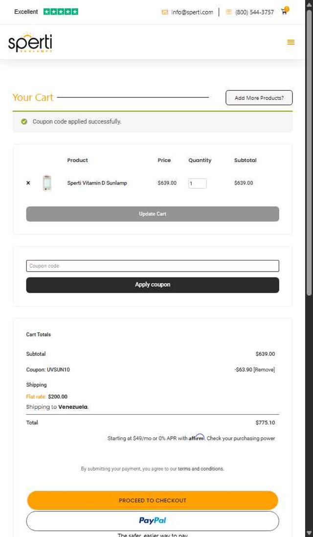Sperti checkout page showing Sperti coupon code box | Screenshot taken by SimplyCodes community member on Aug 26, 2025