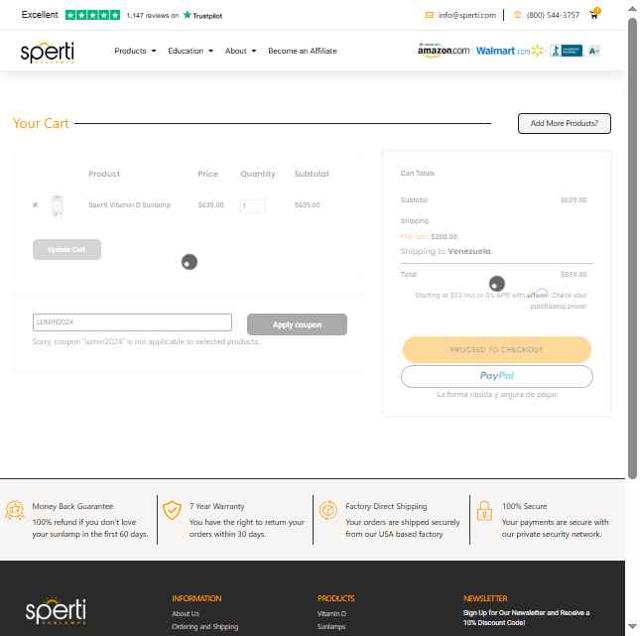 Sperti checkout page showing Sperti coupon code box | Screenshot taken by SimplyCodes community member on Aug 11, 2025