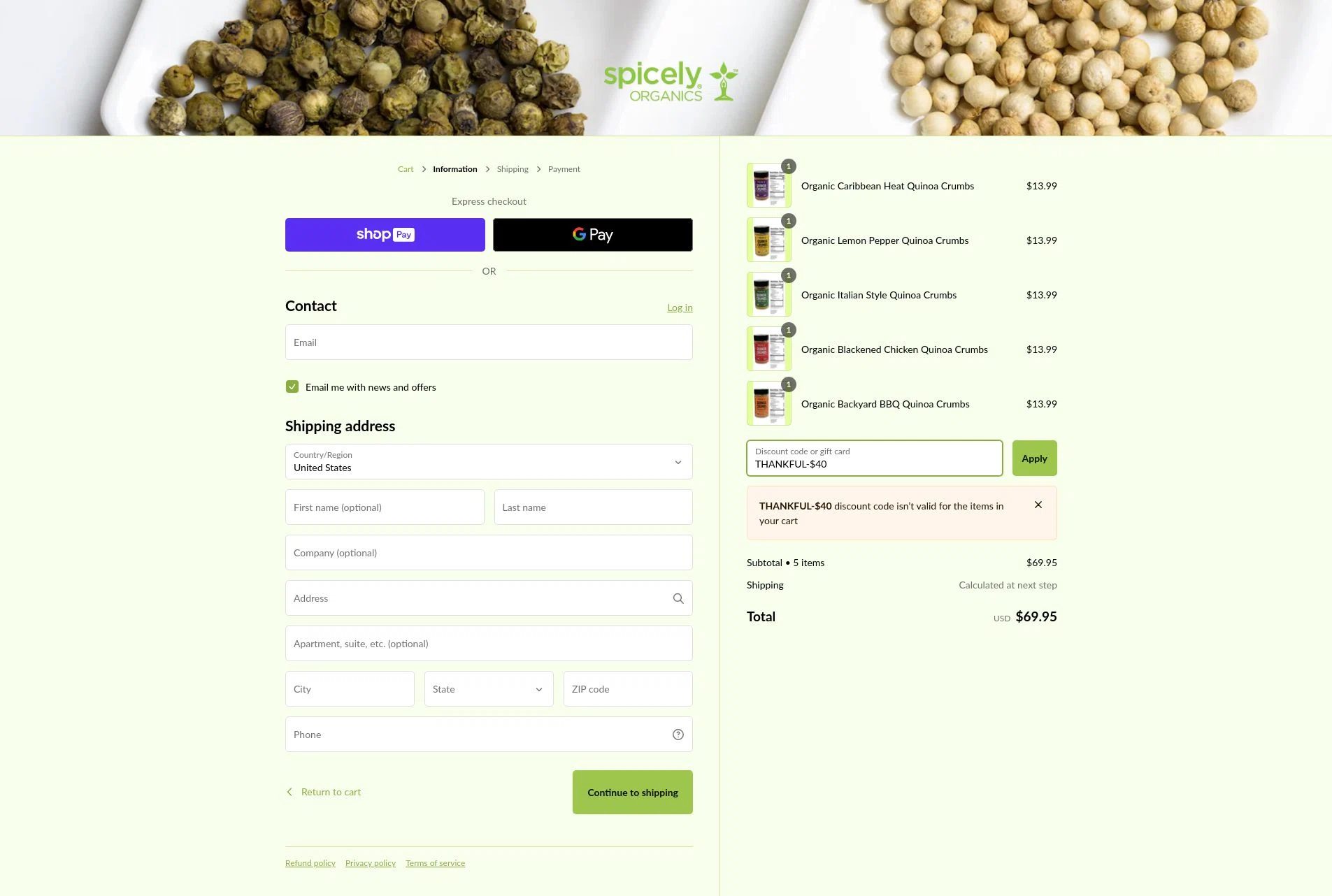 where to use Spicely Organics promo code box