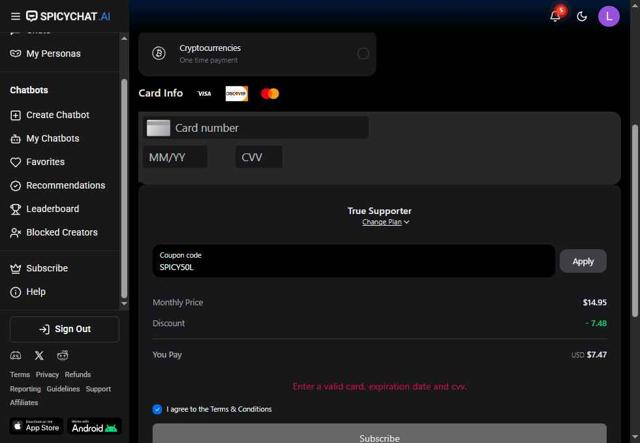 SpicyChat checkout page showing SpicyChat promo code box | Screenshot taken by SimplyCodes community member on Aug 23, 2025