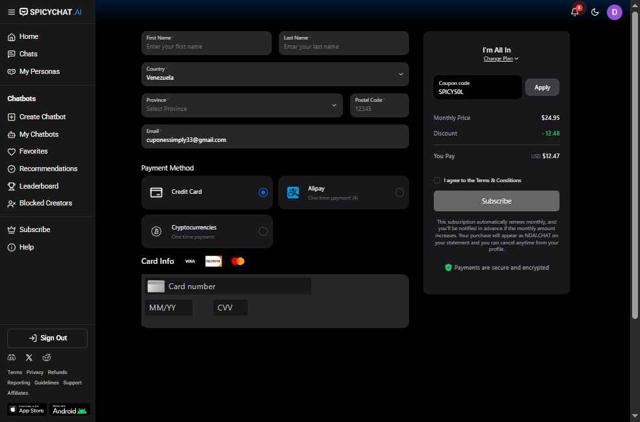 SpicyChat checkout page showing SpicyChat promo code box | Screenshot taken by SimplyCodes community member on Sep 3, 2025
