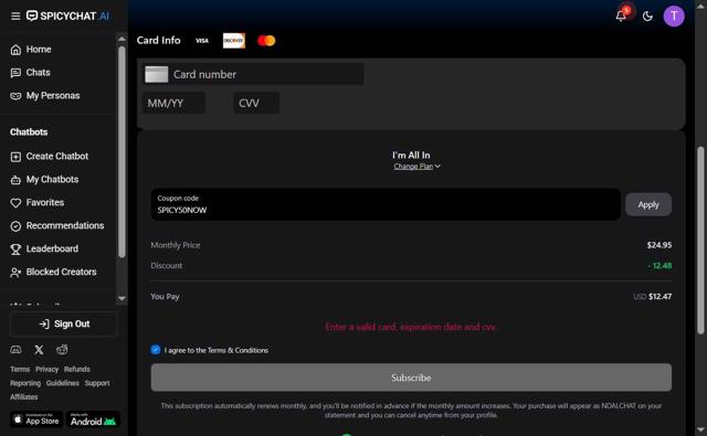 SpicyChat checkout page showing SpicyChat promo code box | Screenshot taken by SimplyCodes community member on Sep 1, 2025