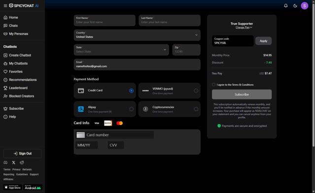 SpicyChat checkout page showing SpicyChat promo code box | Screenshot taken by SimplyCodes community member on Aug 27, 2025