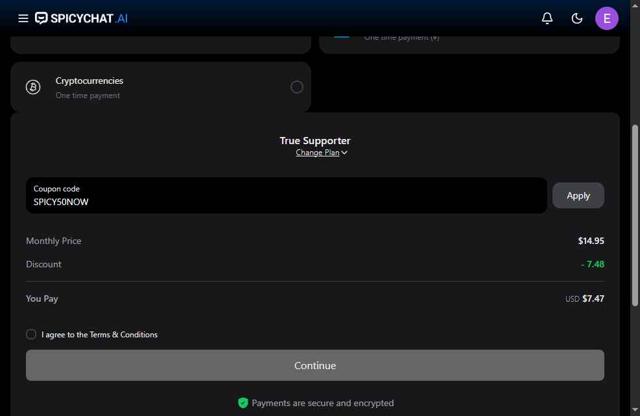 SpicyChat checkout page showing SpicyChat promo code box | Screenshot taken by SimplyCodes community member on Aug 24, 2025