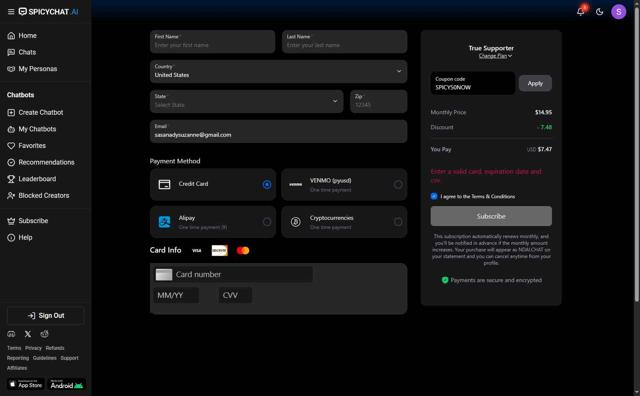 SpicyChat checkout page showing SpicyChat promo code box | Screenshot taken by SimplyCodes community member on Aug 28, 2025