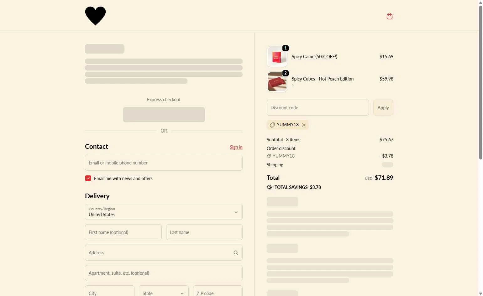 Spicy Cubes checkout page showing Spicy Cubes discount code box | Screenshot taken by SimplyCodes community member on Jan 30, 2026