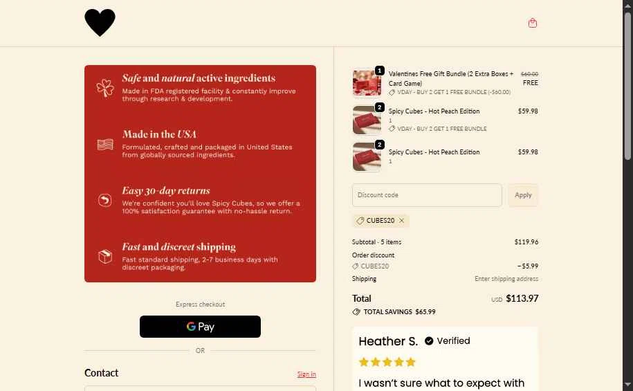 Spicy Cubes checkout page showing Spicy Cubes discount code box | Screenshot taken by SimplyCodes community member on Jan 27, 2026