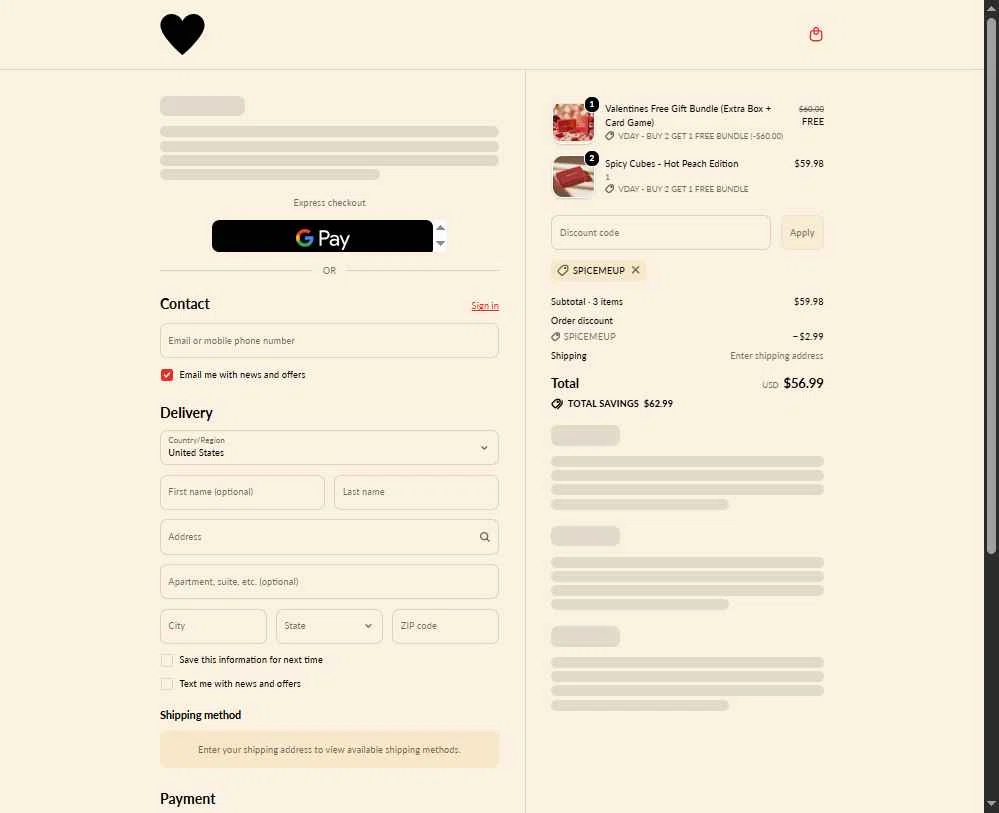 Spicy Cubes checkout page showing Spicy Cubes discount code box | Screenshot taken by SimplyCodes community member on Feb 8, 2026