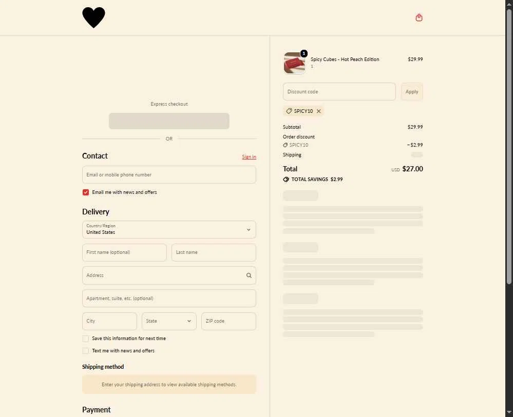 Spicy Cubes checkout page showing Spicy Cubes discount code box | Screenshot taken by SimplyCodes community member on Feb 9, 2026