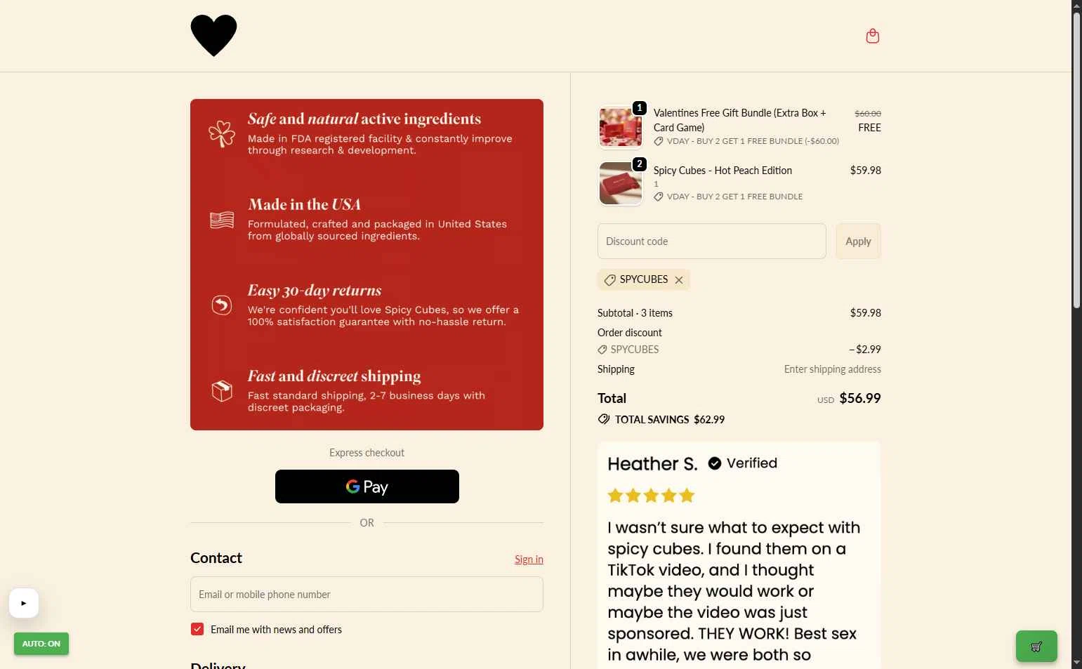 Spicy Cubes checkout page showing Spicy Cubes discount code box | Screenshot taken by SimplyCodes community member on Feb 2, 2026