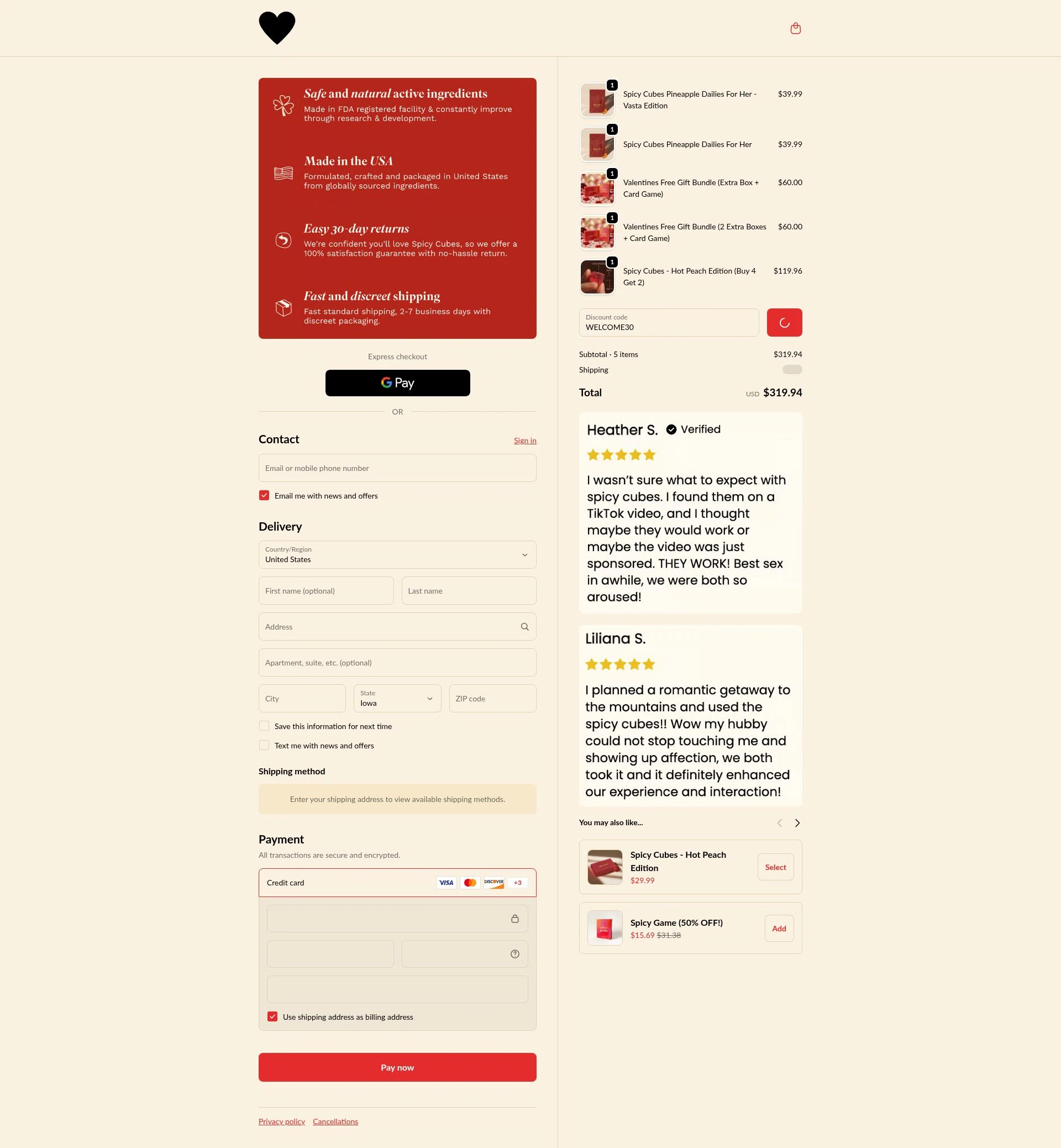 Spicy Cubes checkout page showing Spicy Cubes discount code box | Screenshot taken by SimplyCodes community member on Feb 9, 2026