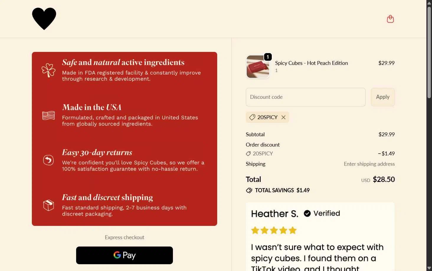 Spicy Cubes checkout page showing Spicy Cubes discount code box | Screenshot taken by SimplyCodes community member on Feb 8, 2026