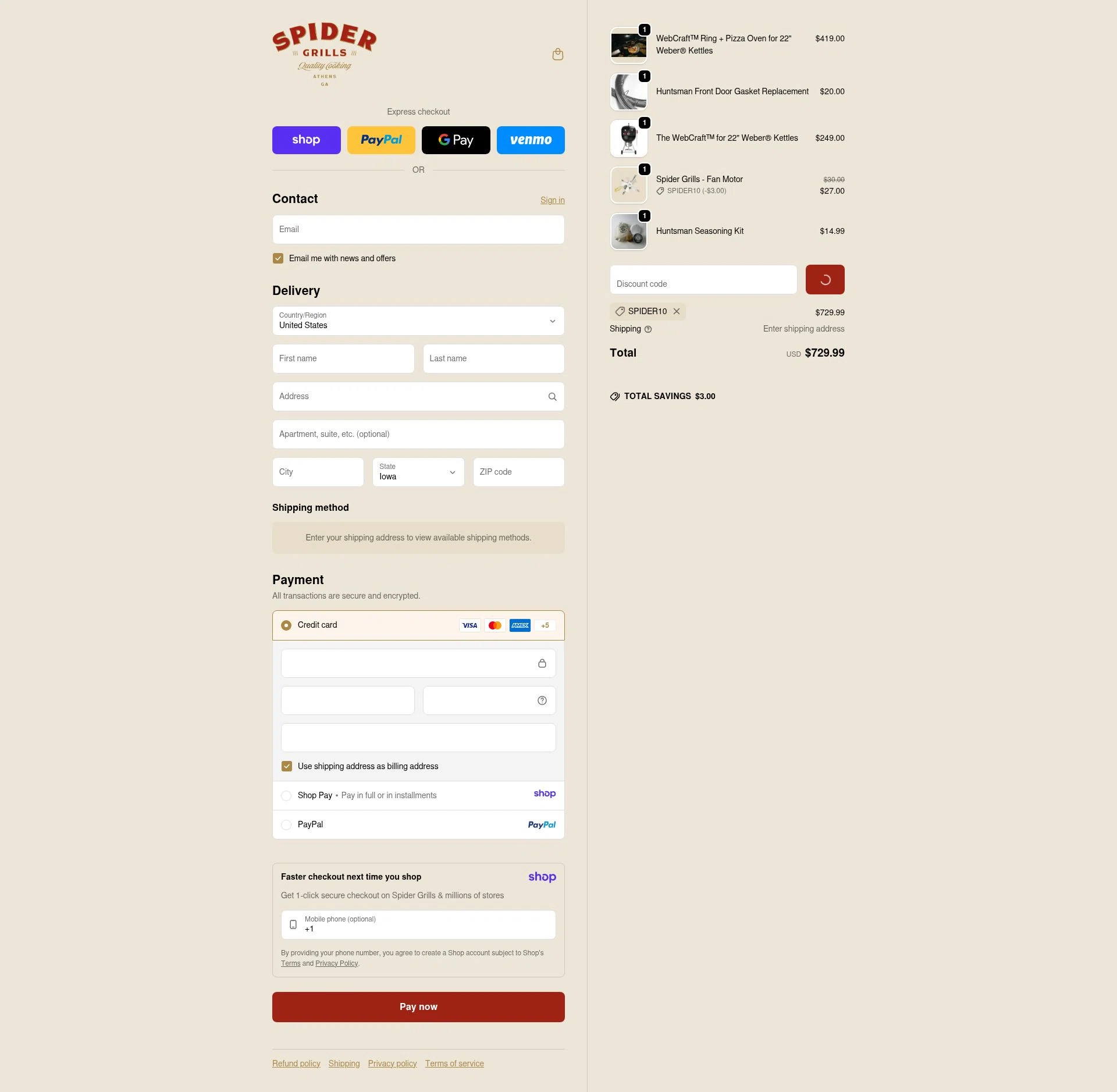 Spider Grills checkout page showing Spider Grills discount code box | Screenshot taken by SimplyCodes community member on Jan 8, 2026