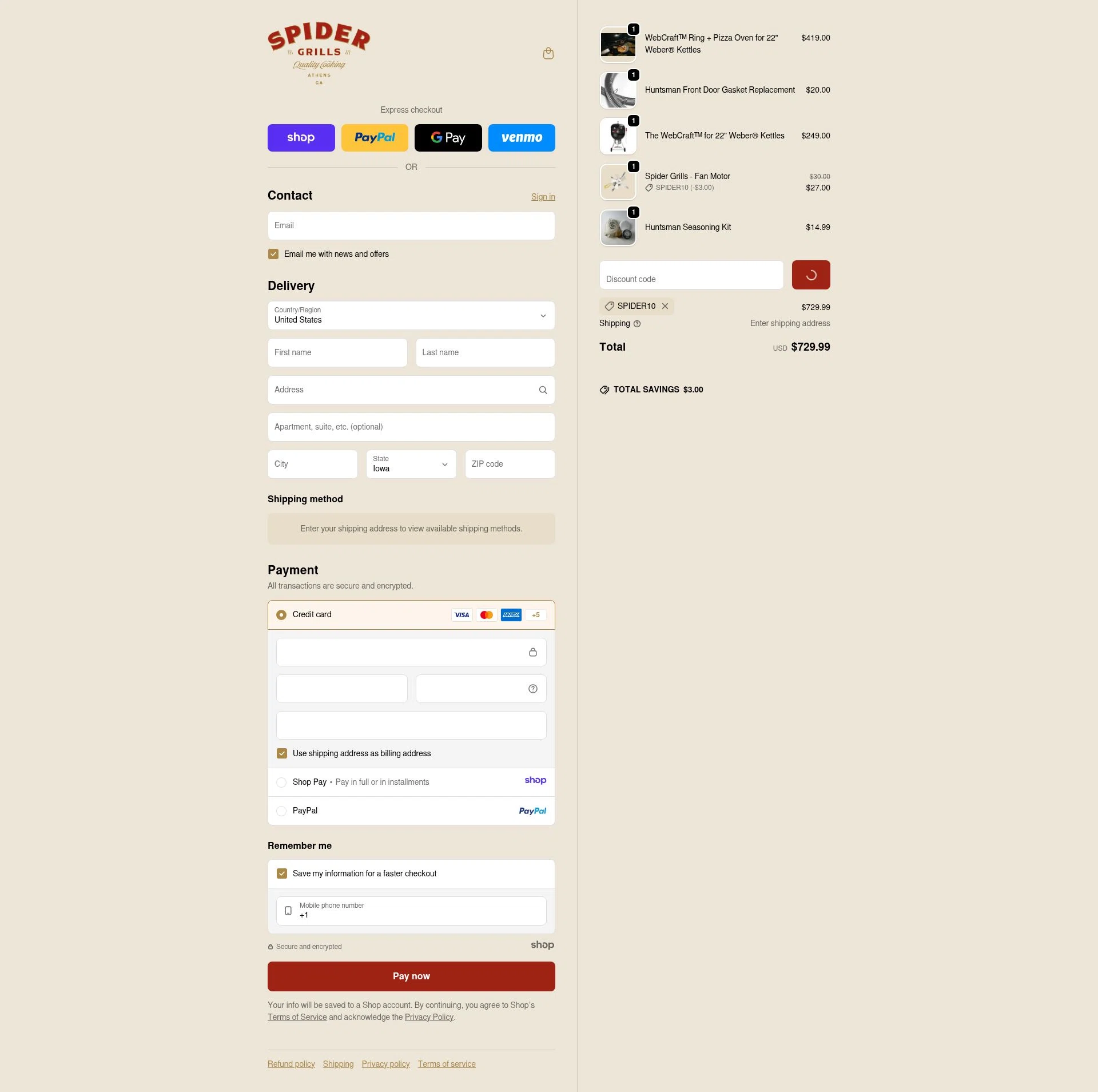Spider Grills checkout page showing Spider Grills discount code box | Screenshot taken by SimplyCodes community member on Jan 3, 2026