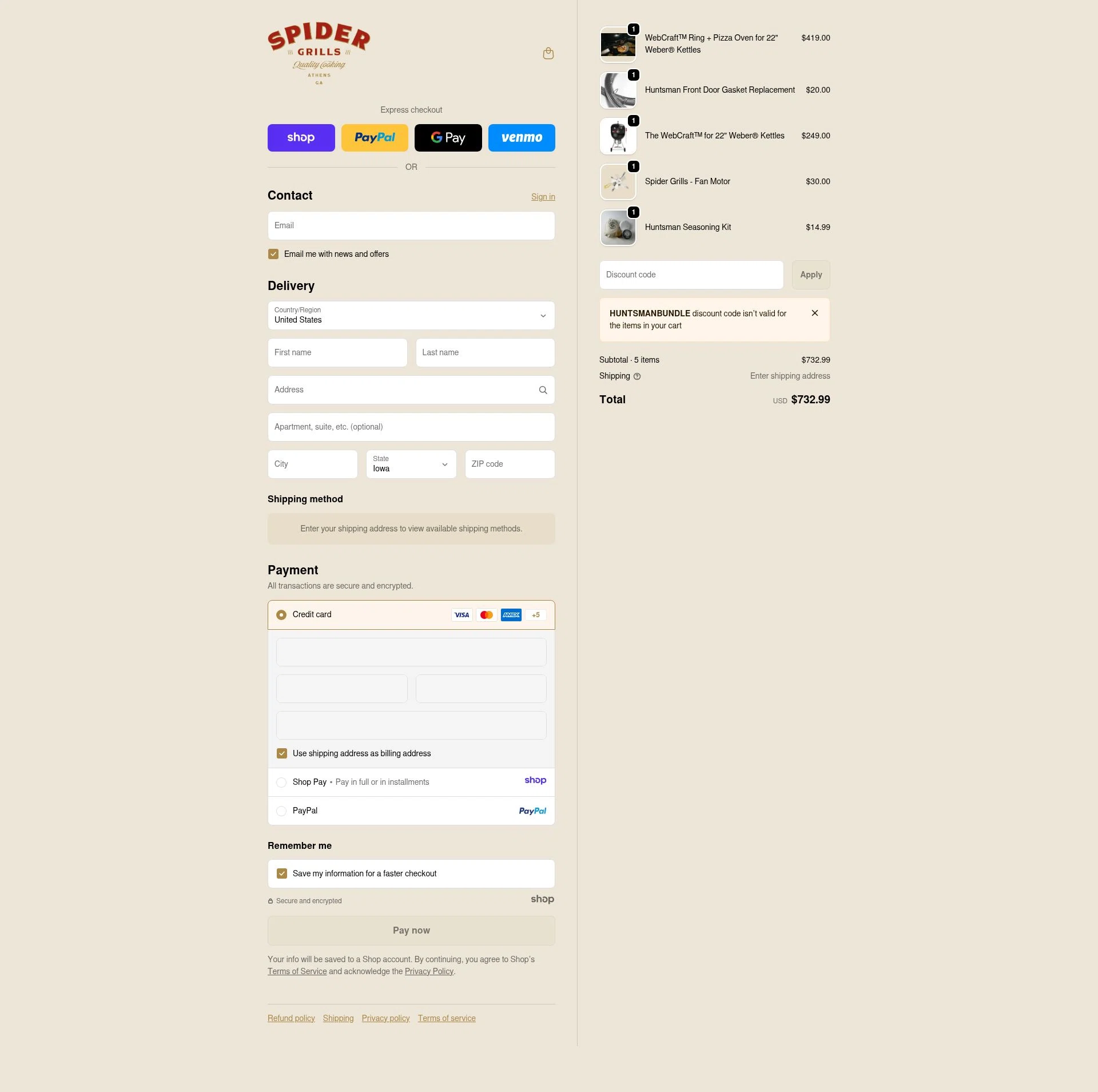 Spider Grills checkout page showing Spider Grills discount code box | Screenshot taken by SimplyCodes community member on Jan 3, 2026