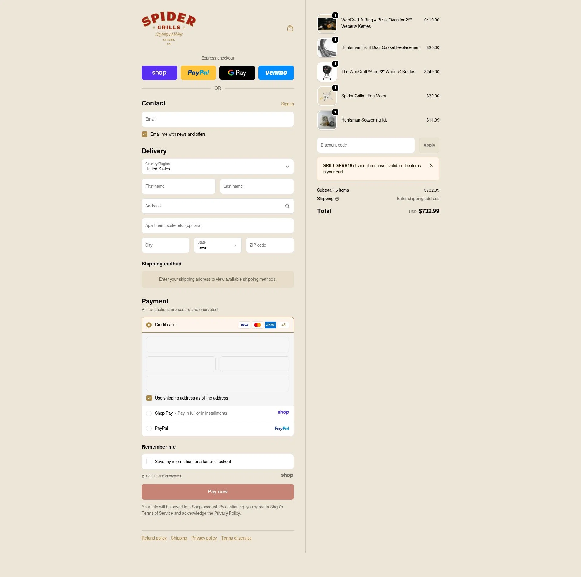Spider Grills checkout page showing Spider Grills discount code box | Screenshot taken by SimplyCodes community member on Dec 29, 2025