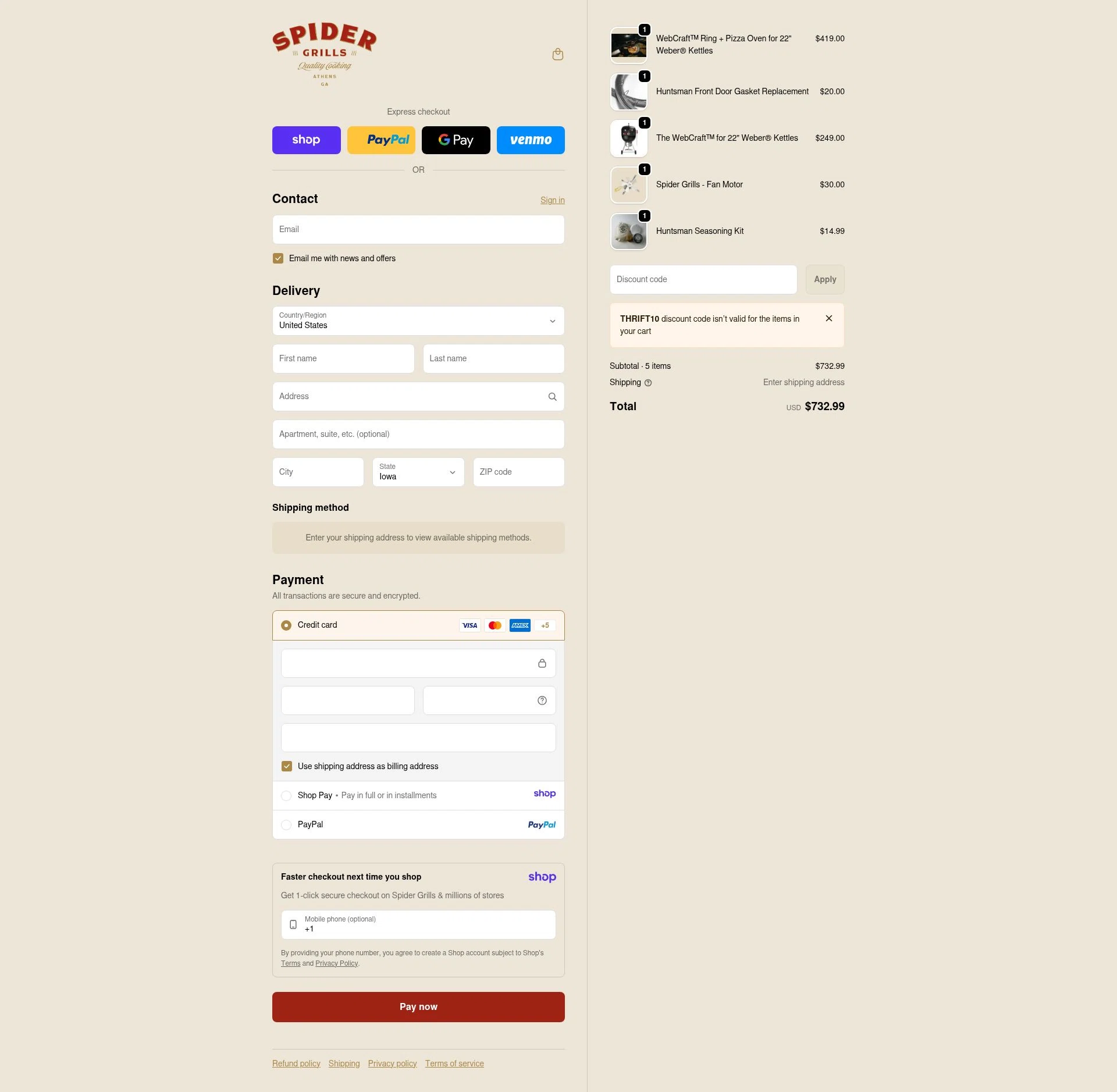 Spider Grills checkout page showing Spider Grills discount code box | Screenshot taken by SimplyCodes community member on Jan 8, 2026