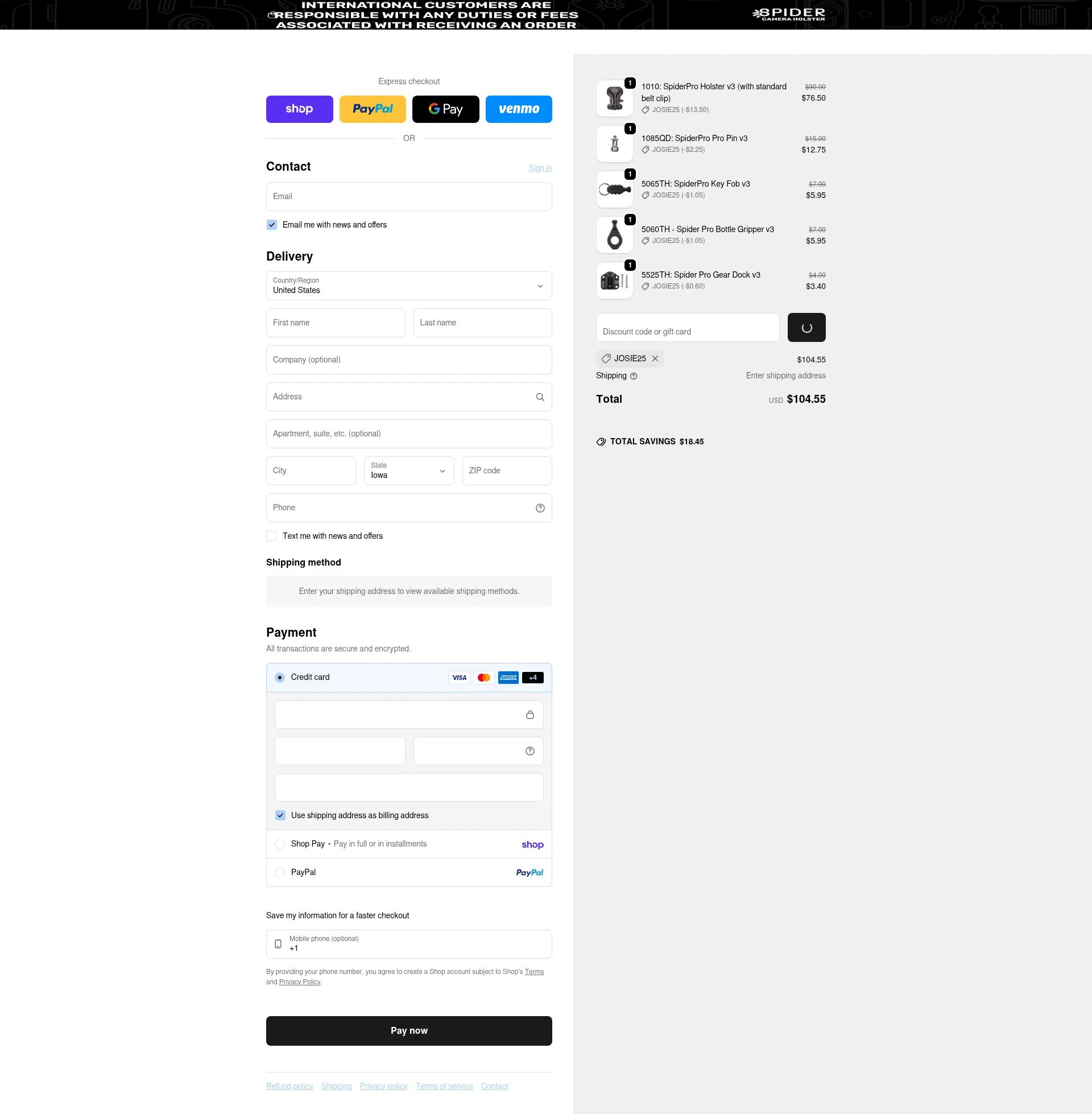 Spider Holster checkout page showing Spider Holster discount code box | Screenshot taken by SimplyCodes community member on Feb 14, 2026