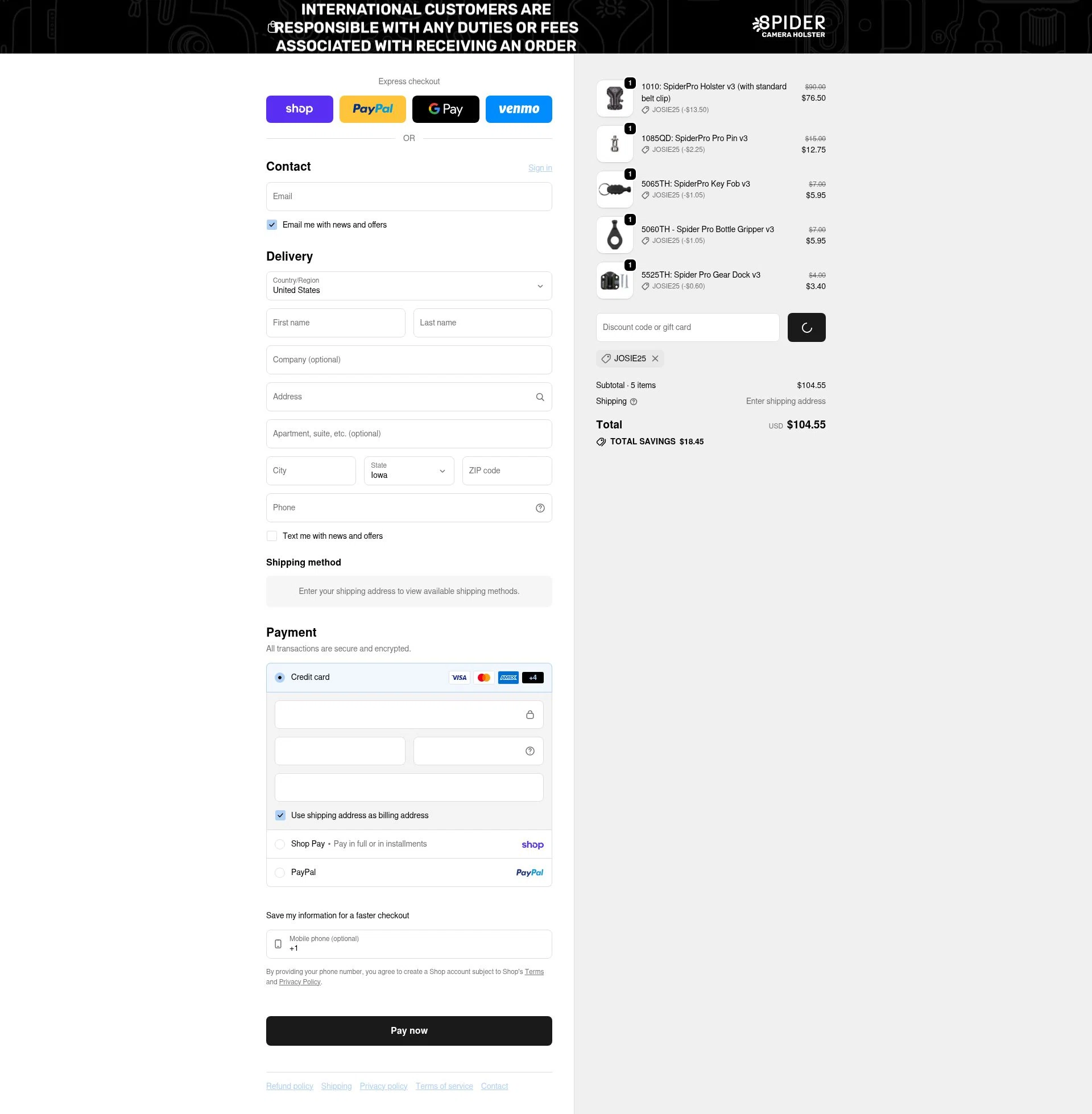 Spider Holster checkout page showing Spider Holster discount code box | Screenshot taken by SimplyCodes community member on Feb 8, 2026
