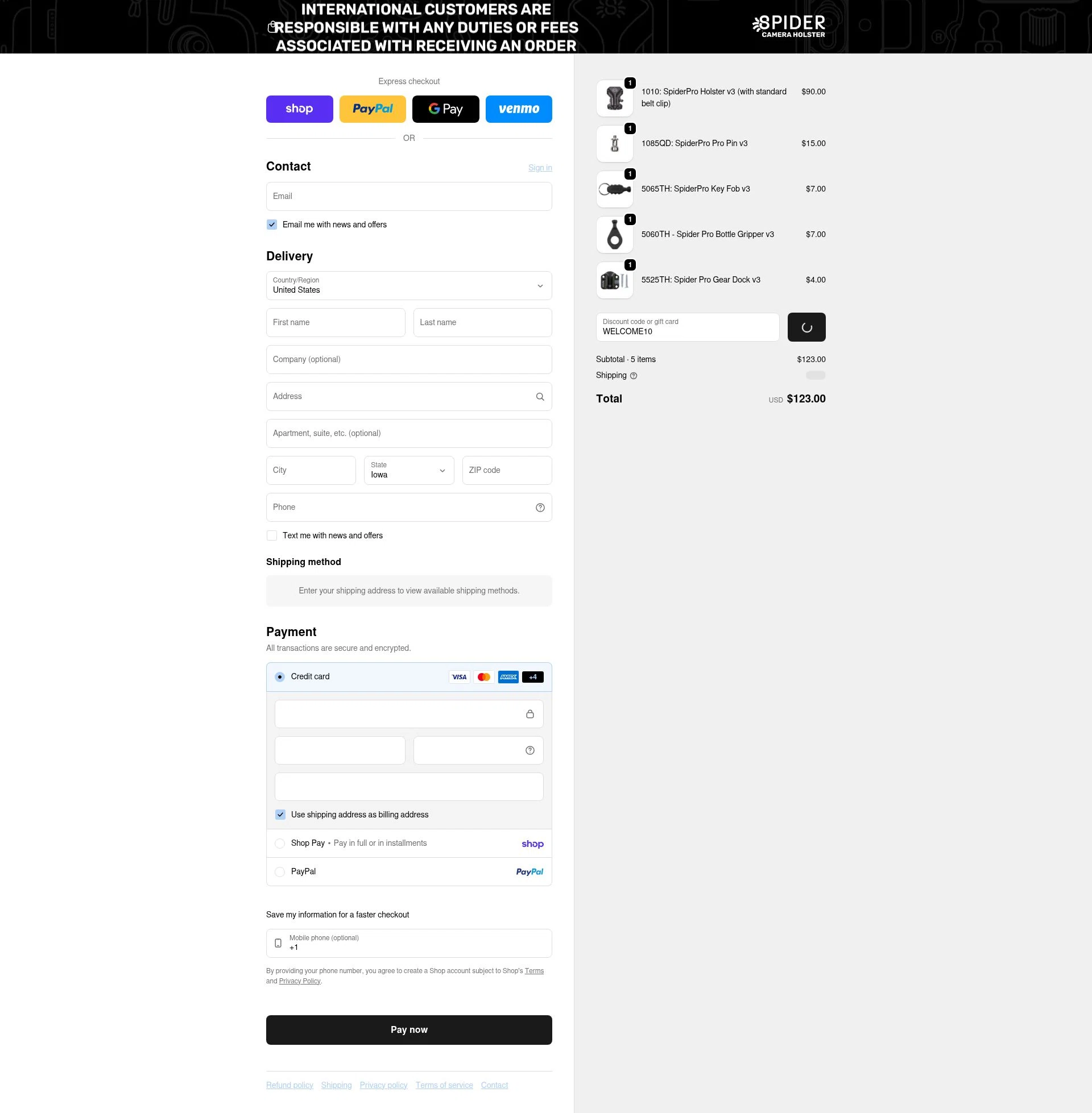 Spider Holster checkout page showing Spider Holster discount code box | Screenshot taken by SimplyCodes community member on Feb 4, 2026
