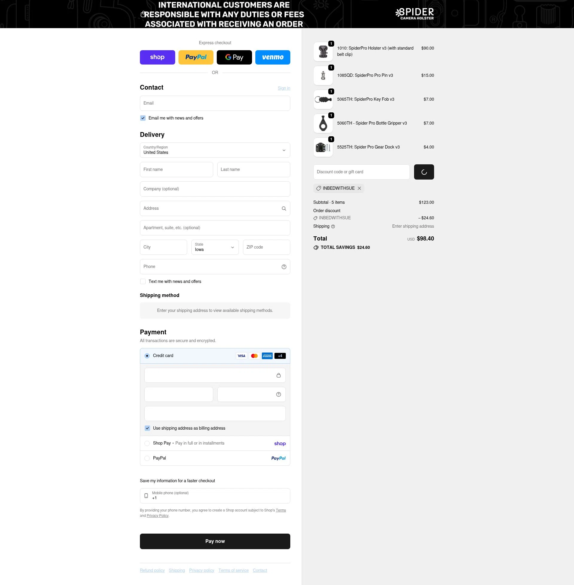 Spider Holster checkout page showing Spider Holster discount code box | Screenshot taken by SimplyCodes community member on Feb 13, 2026