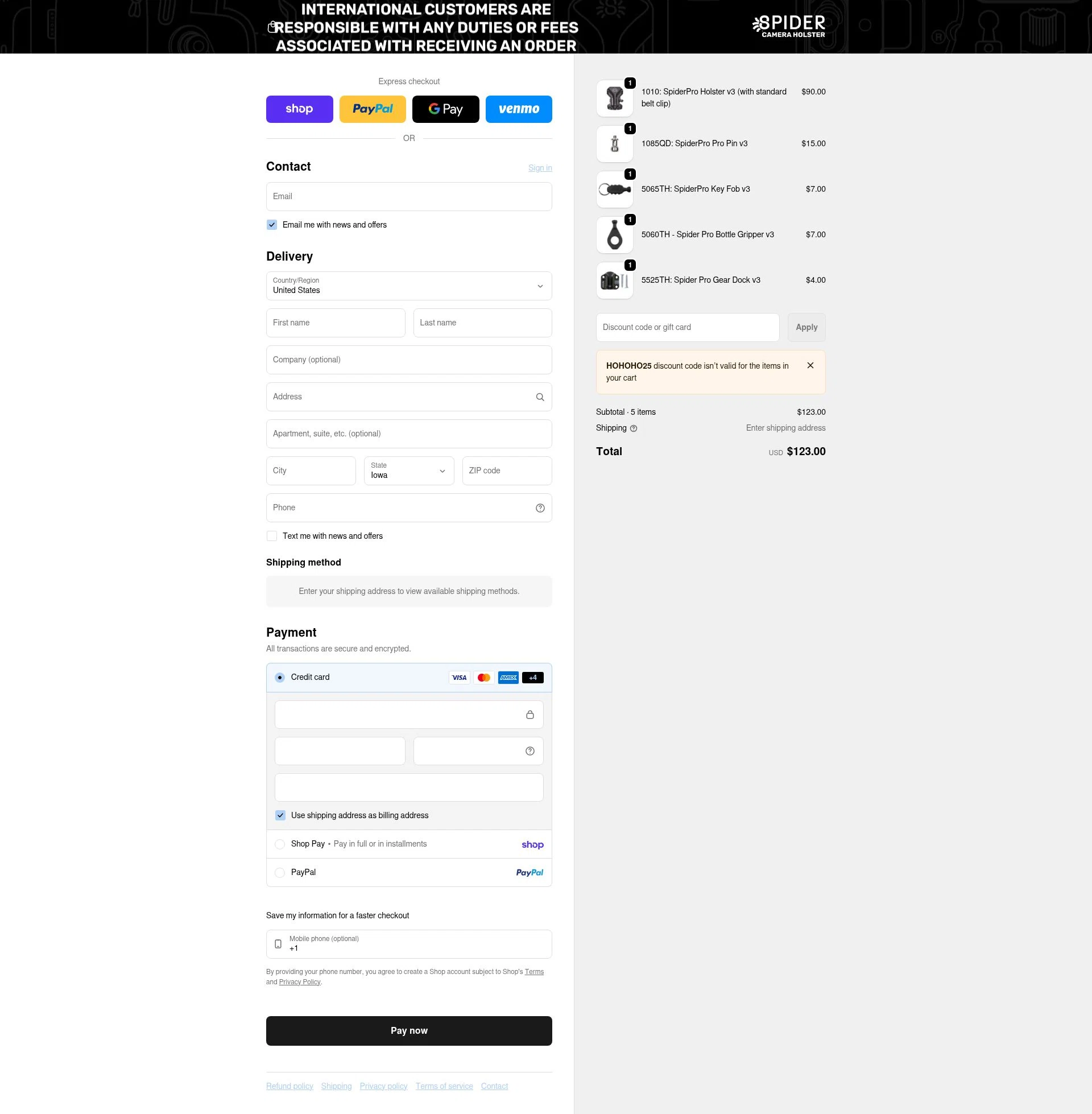Spider Holster checkout page showing Spider Holster discount code box | Screenshot taken by SimplyCodes community member on Feb 13, 2026