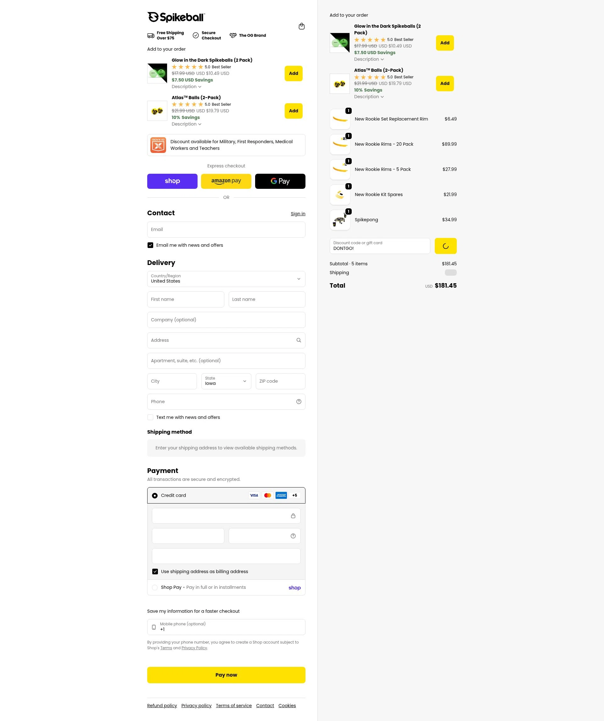 Spikeball checkout page showing Spikeball discount code box | Screenshot taken by SimplyCodes community member on Feb 3, 2026