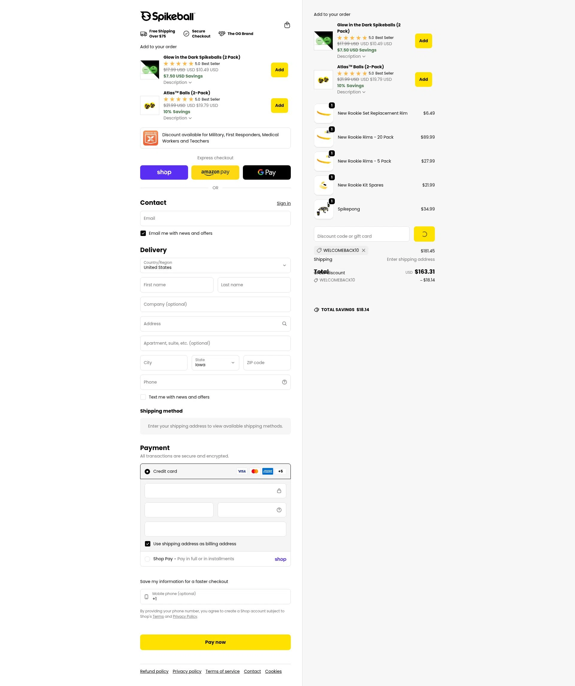 Spikeball checkout page showing Spikeball discount code box | Screenshot taken by SimplyCodes community member on Feb 11, 2026