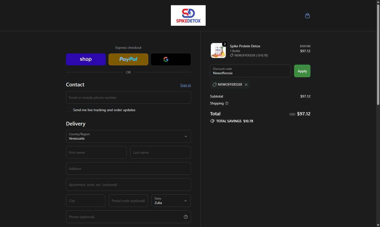 Spike Protein Detox checkout page showing Spike Protein Detox promo code box | Screenshot taken by SimplyCodes community member on Jan 8, 2026