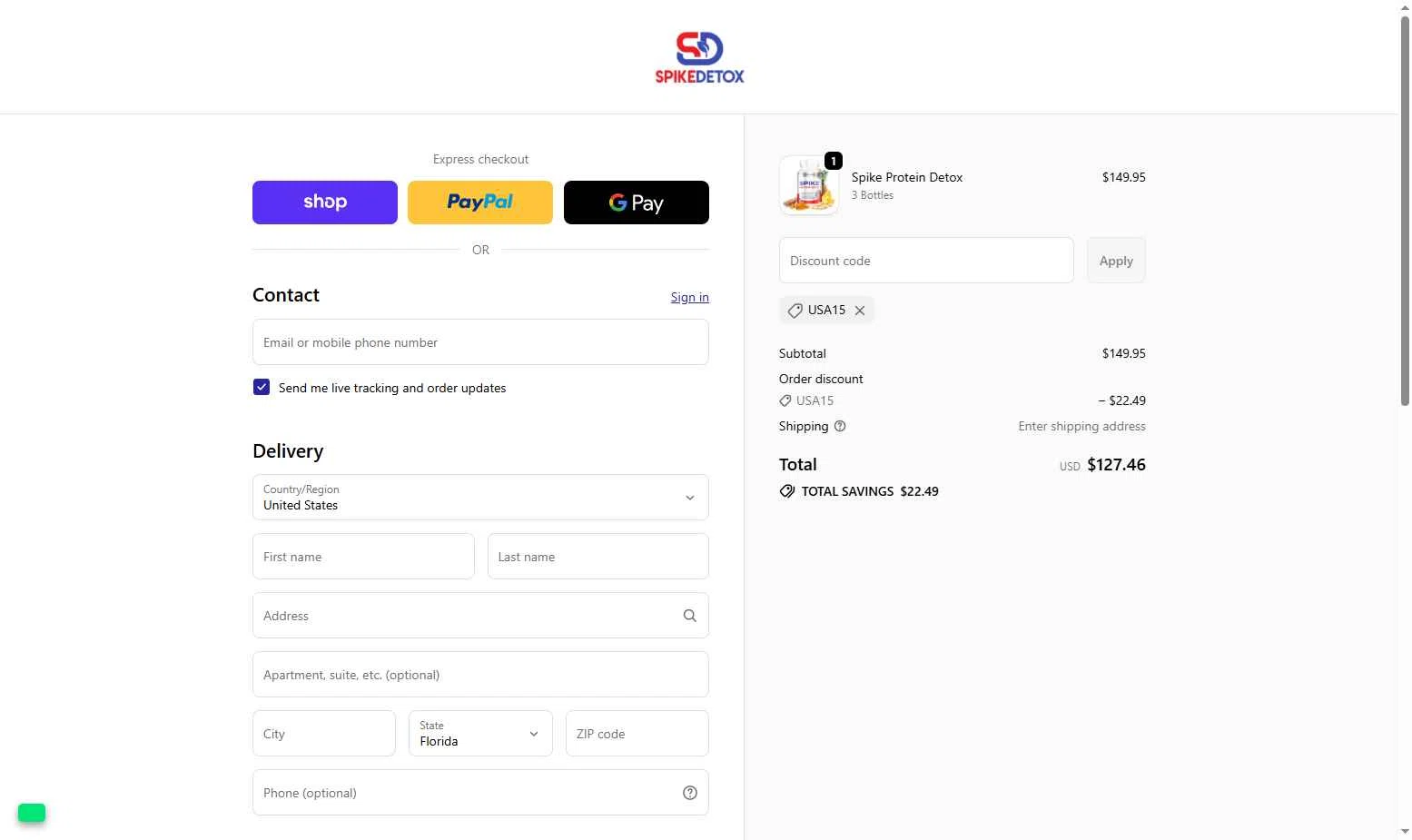 Spike Protein Detox checkout page showing Spike Protein Detox promo code box | Screenshot taken by SimplyCodes community member on Nov 22, 2025