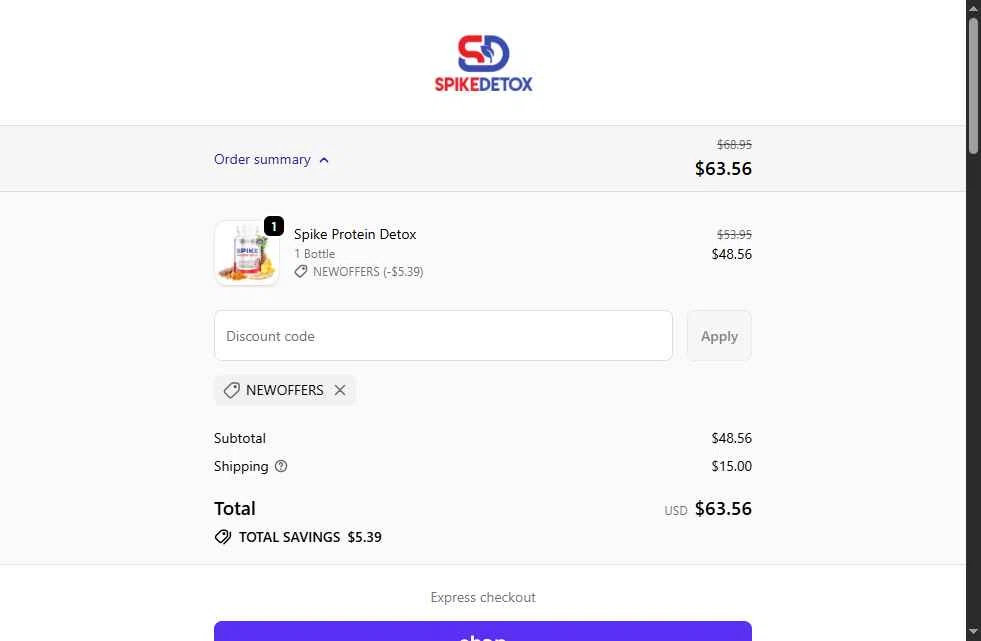 Spike Protein Detox checkout page showing Spike Protein Detox promo code box | Screenshot taken by SimplyCodes community member on Dec 10, 2025