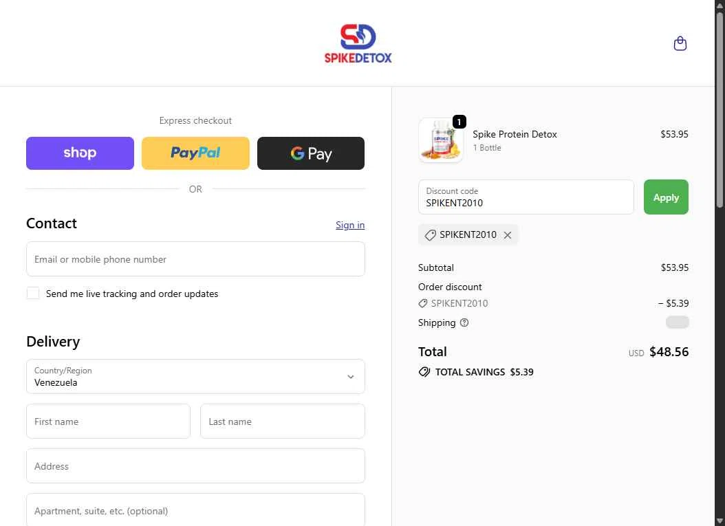 Spike Protein Detox checkout page showing Spike Protein Detox promo code box | Screenshot taken by SimplyCodes community member on Nov 30, 2025